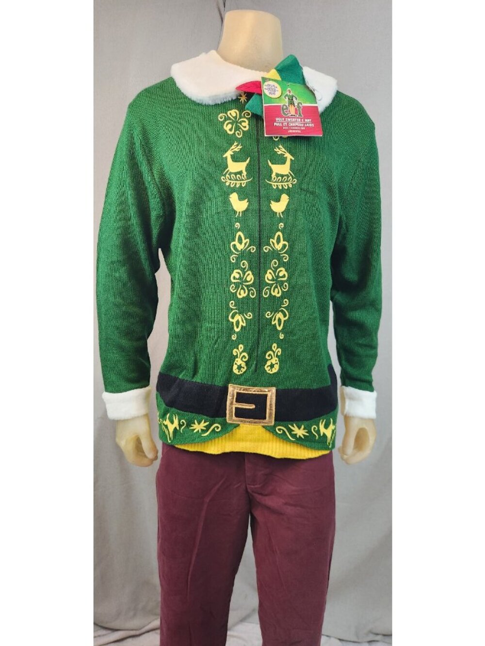 Buddy The Elf Green Ugly Sweater w Hat SMALL MEDIUM Pullover Costume Top NEW